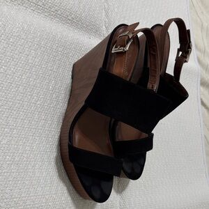 Vince Camuto Black Suede and Brown Wood-Look Wedge Sandals